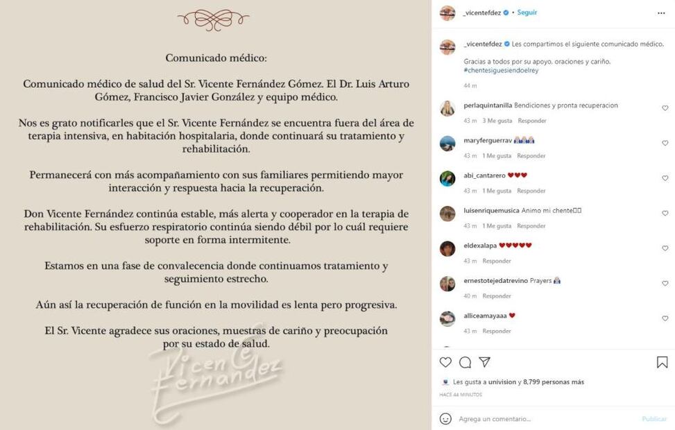 Vicente Fernández sale de terapia intensiva