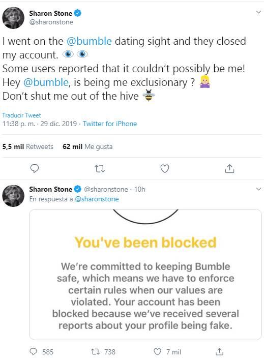 La actriz Sharon Stone busca pareja en la app de citas Bumble, tras cancelarle su cuenta por una confusión