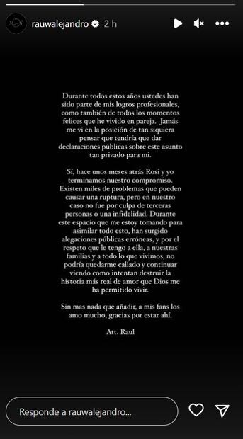 El mensaje que Raúl Alejandro publicó en Instagram