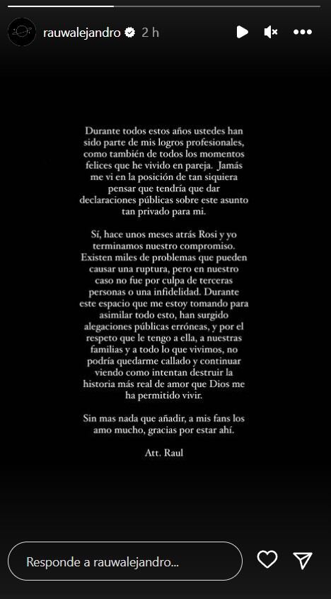 El mensaje que Raúl Alejandro publicó en Instagram