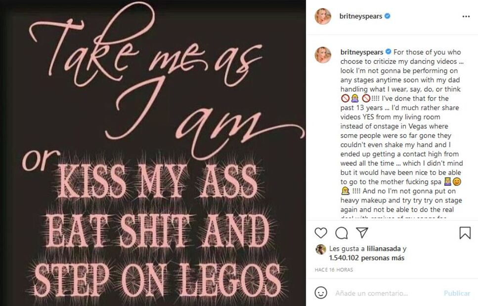Britney Spears: “No voy a actuar con mi padre manejando lo que me pongo, digo, hago o pienso”
