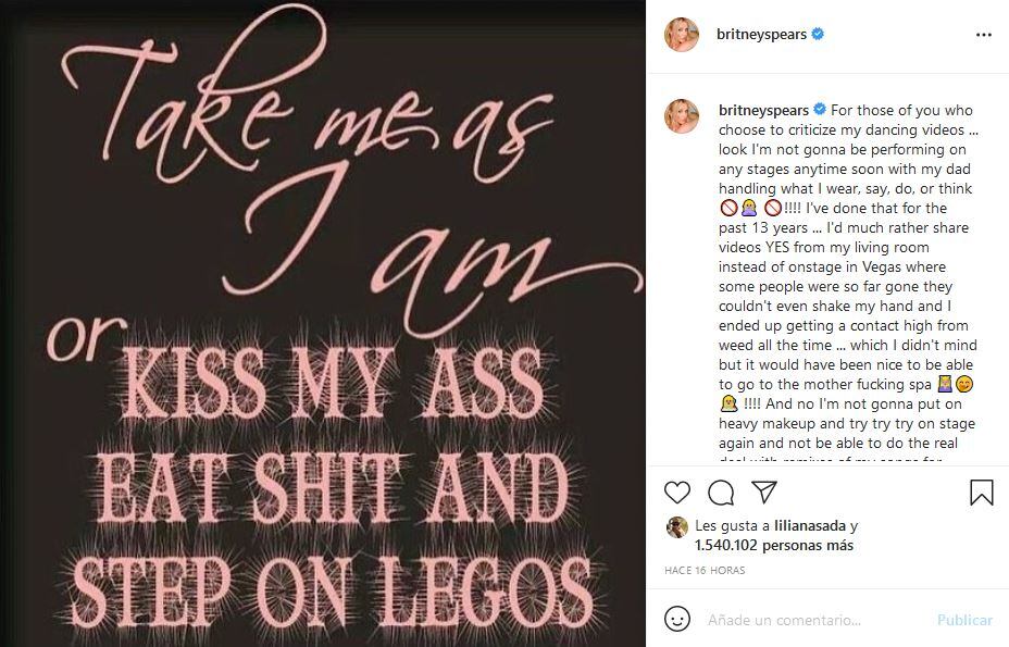 Britney Spears: “No voy a actuar con mi padre manejando lo que me pongo, digo, hago o pienso”