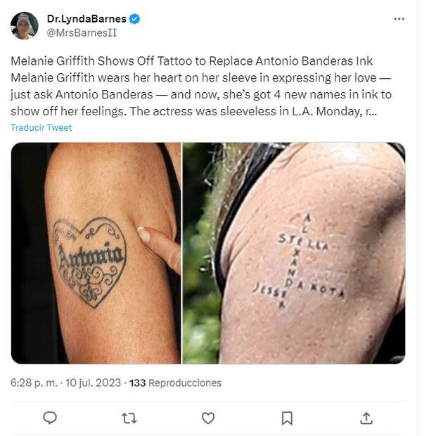 Melanie Griffith eliminó el tatuaje de Antonio / Twitter
