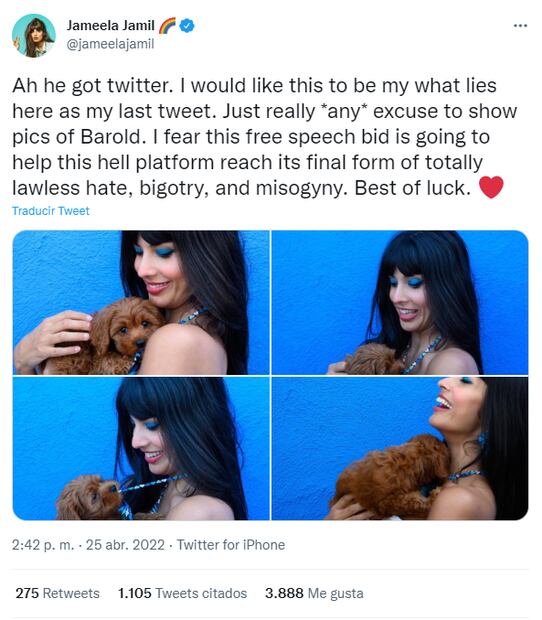 Jameela Jamil, la primera celebridad en abandonar Twitter tras compra de Elon Musk