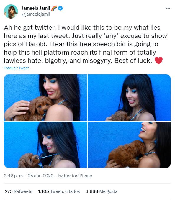 Jameela Jamil, la primera celebridad en abandonar Twitter tras compra de Elon Musk