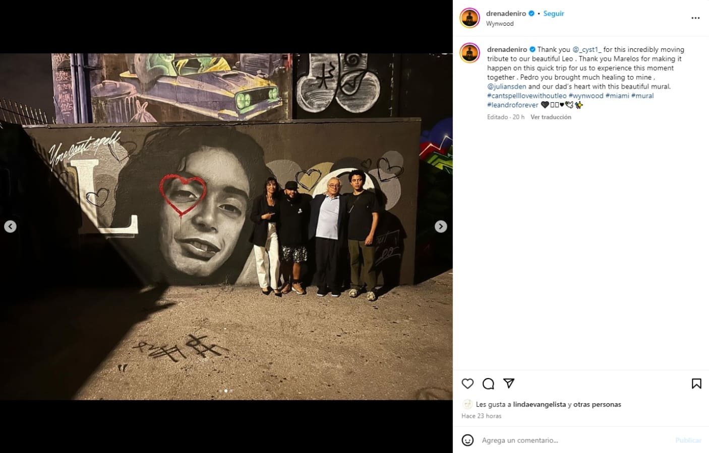 Robert De Niro con sus hijos Drena y Julian en el mural de Leandro / Instagram: @drenadeniro