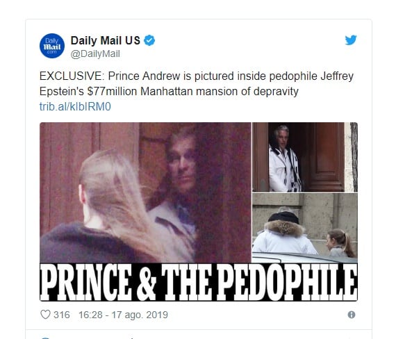 El príncipe Andrés está dispuesto a cooperar con la policía en el caso del pedófilo Jeffrey Epstein