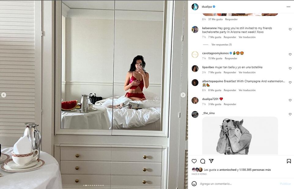 Dua Lipa en la habitación de su hotel en Francia / Instagram