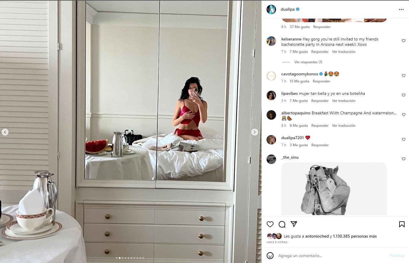 Dua Lipa en la habitación de su hotel en Francia / Instagram