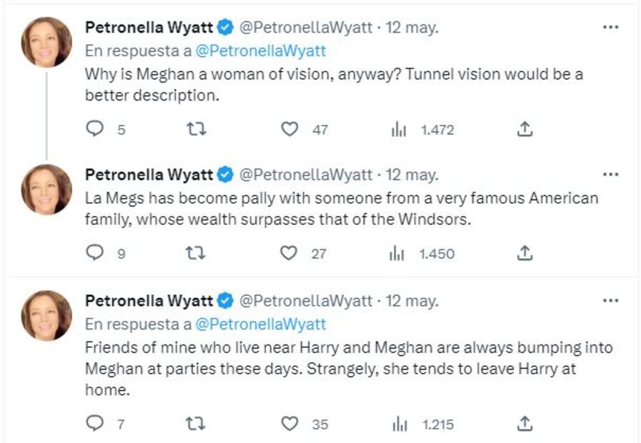 La periodista Petronella Wyatt contó que Meghan Markle siempre sale sola / Twitter