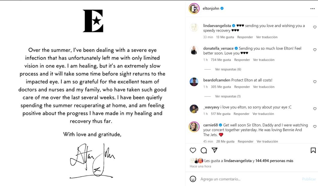 El comunicado de Elton John / Foto: Instagram