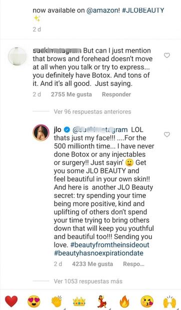 Jennifer Lopez responde a fan que aseguró que la cantante usa botox en la cara