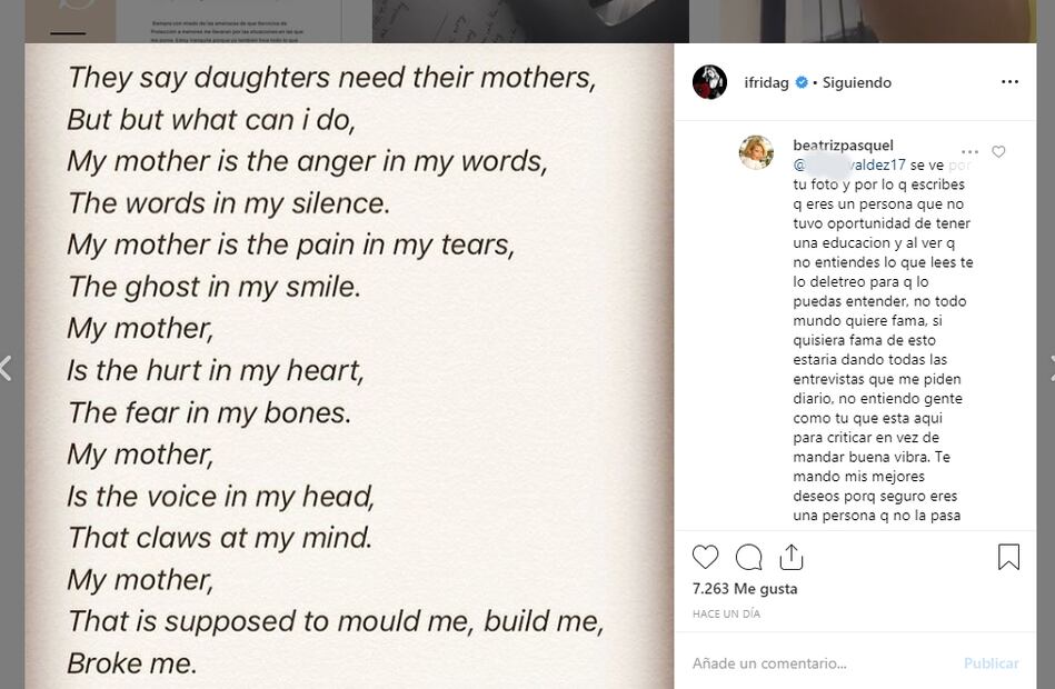 "Es su mamá y están pasando por un momento superdoloroso", Beatriz Pasquel es incondicional para Frida Sofía