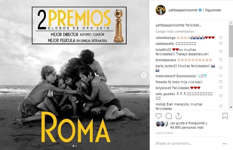 Los famosos celebran el triunfo de Alfonso Cuarón y “Roma” en los Golden Globes
