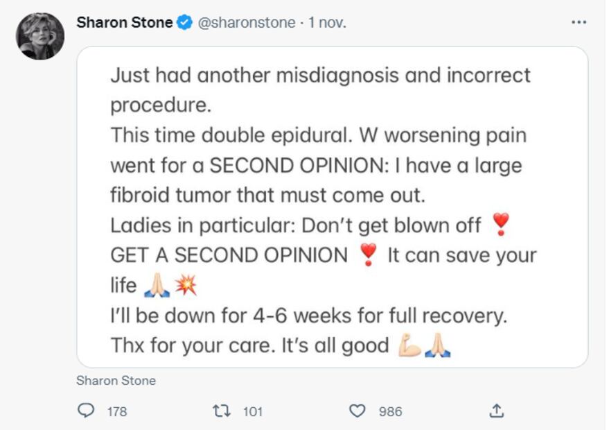 Sharon Stone descubre que tiene un tumor luego de un mal diagnóstico médico