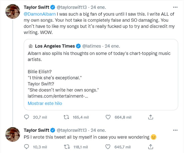 Taylor Swift responde a ataques de Damon Albarn y el presidente de Chile la defiende
