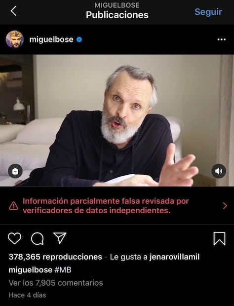 Miguel Bosé: Instagram pone advertencia de fake news a su video