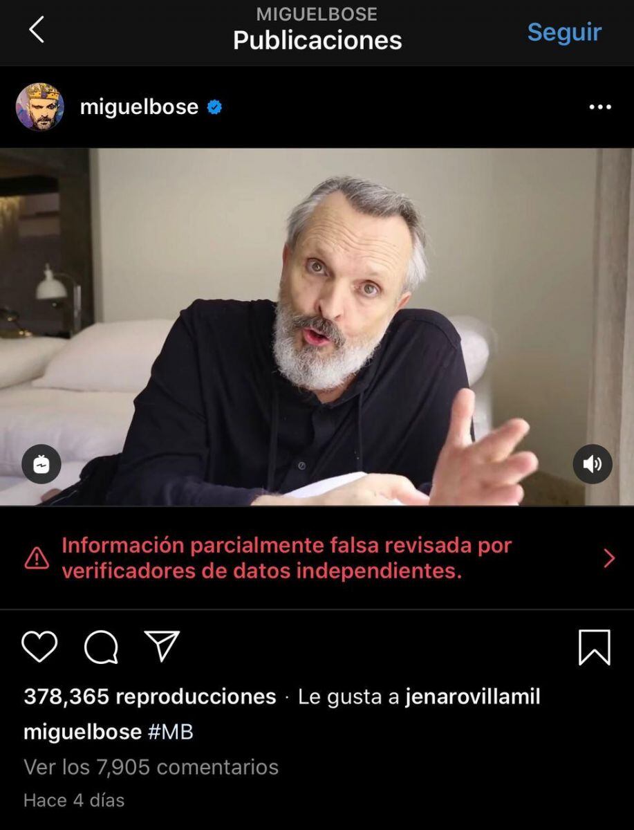 Miguel Bosé: Instagram pone advertencia de fake news a su video