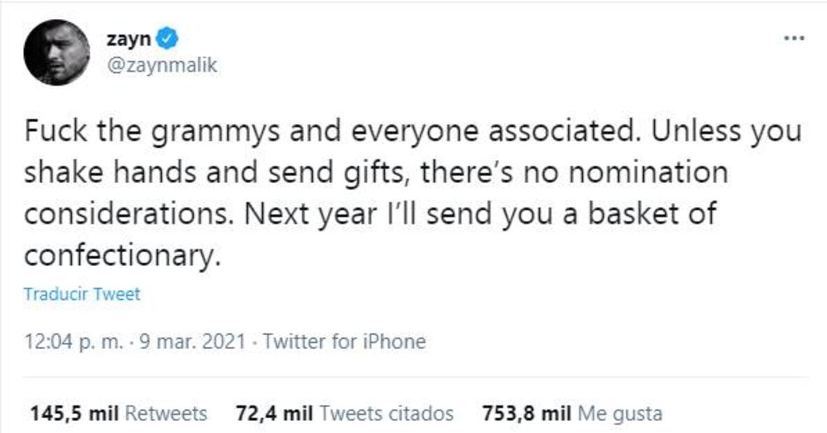 Zayn Malik furioso con los Grammys: "que se jodan" 