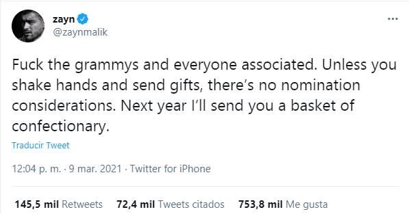 Zayn Malik furioso con los Grammys: "que se jodan" 