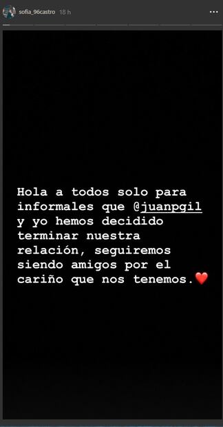 Ya se acabó el amor entre Sofía Castro y Juan Pablo Gil