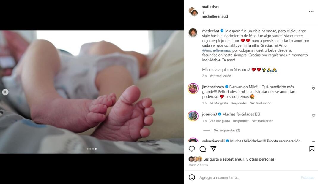 Matías Novoa y Michelle Renaud anuncian el nacimiento de Milo / Foto: Instagram