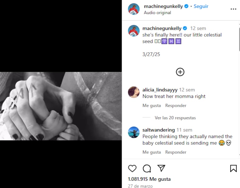 Machine Gun Kelly y Megan Fox con su bebé/ Foto: Instagram
