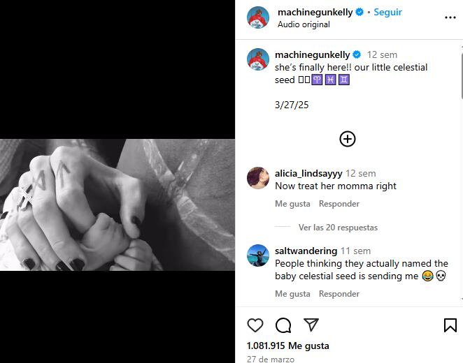Machine Gun Kelly y Megan Fox con su bebé/ Foto: Instagram