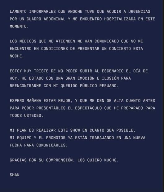 Shakira comunicó que cancelaría su concierto en Perú / Foto: Instagram