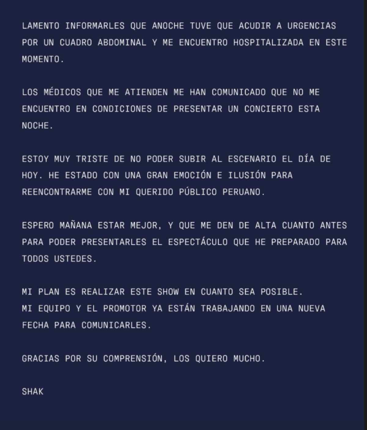 Shakira comunicó que cancelaría su concierto en Perú / Foto: Instagram