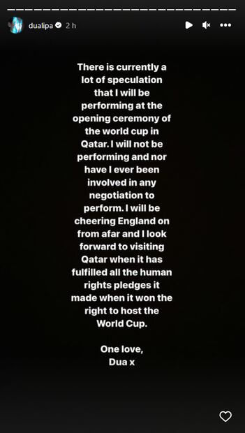 Dua Lipa rechaza cantar en la inauguración de Qatar 2022 por esta poderosa razón