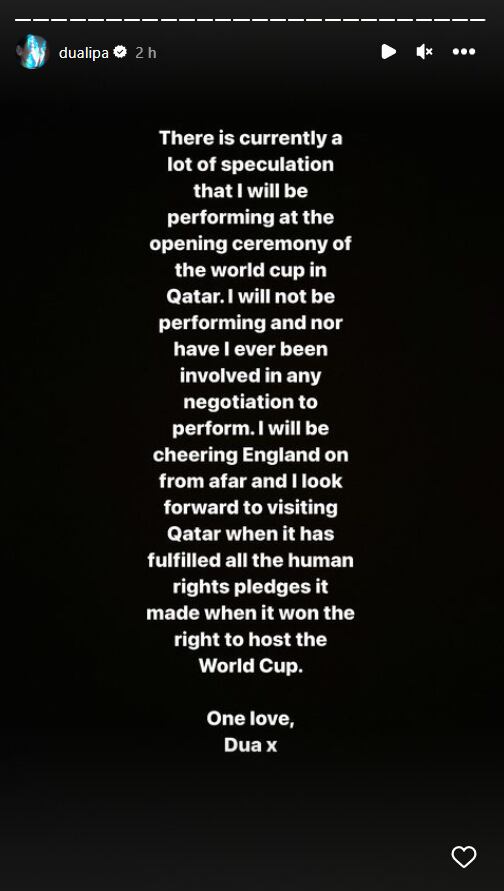 Dua Lipa rechaza cantar en la inauguración de Qatar 2022 por esta poderosa razón