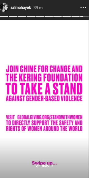 Salma Hayek apoya a mujeres que sufren violencia durante aislamiento por Covid-19 con #StandWithWomen