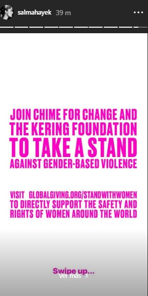 Salma Hayek apoya a mujeres que sufren violencia durante aislamiento por Covid-19 con #StandWithWomen