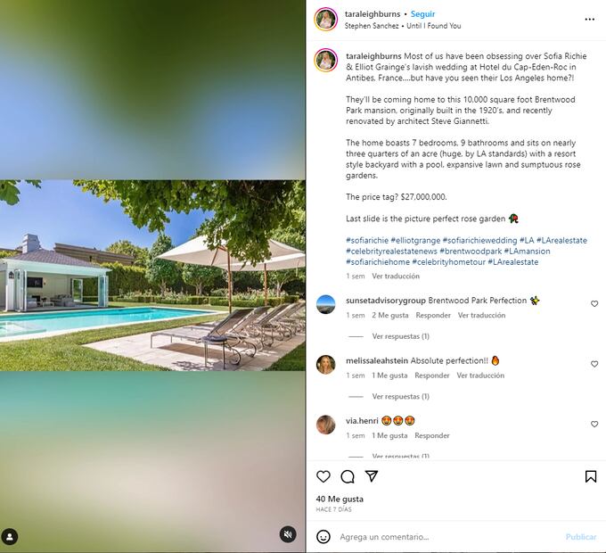 La zona de alberca de la nueva de Sofia Richie y Elliot Grainge / Instagram