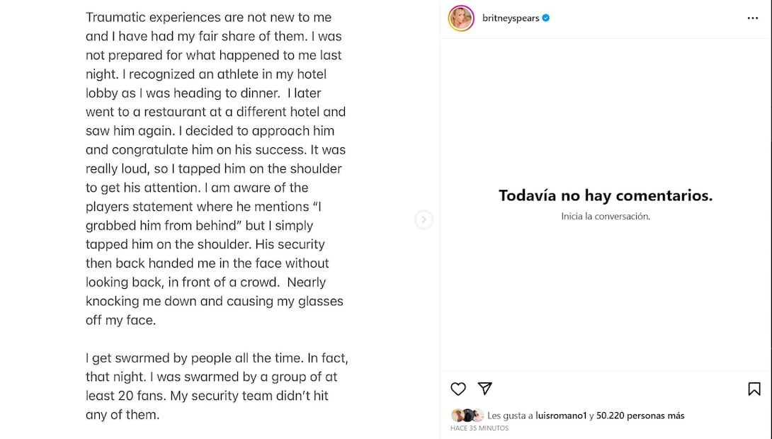 Britney Spears envió un comunicado sobre la agresión en su contra / Instagram