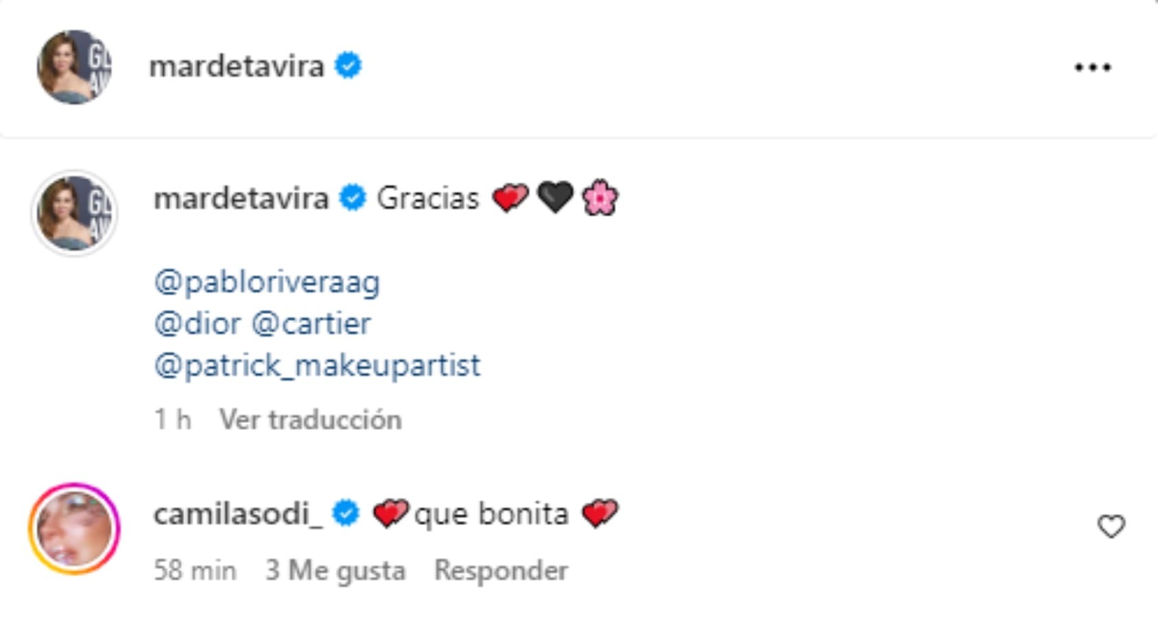 El comentario de Camila Sodi en la publicación de Marina de Tavira / Captura de pantalla