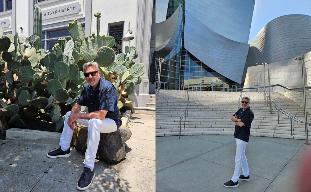 Rafa en la galería Hauser and Wirth, donde trabaja la princesa Eugenia de York, y en el Walt Disney Concert Hall, edificio creado por el gran arquitecto Frank Gehry. (Fotos: Especial)