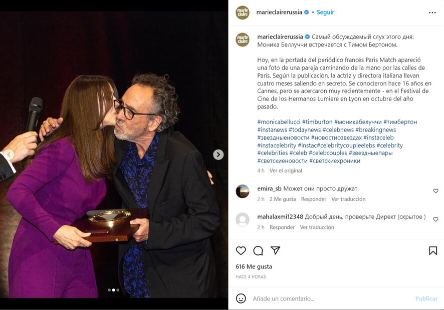 Tim Burton y Monica Bellucci, la nueva pareja del momento comparte su amor en París