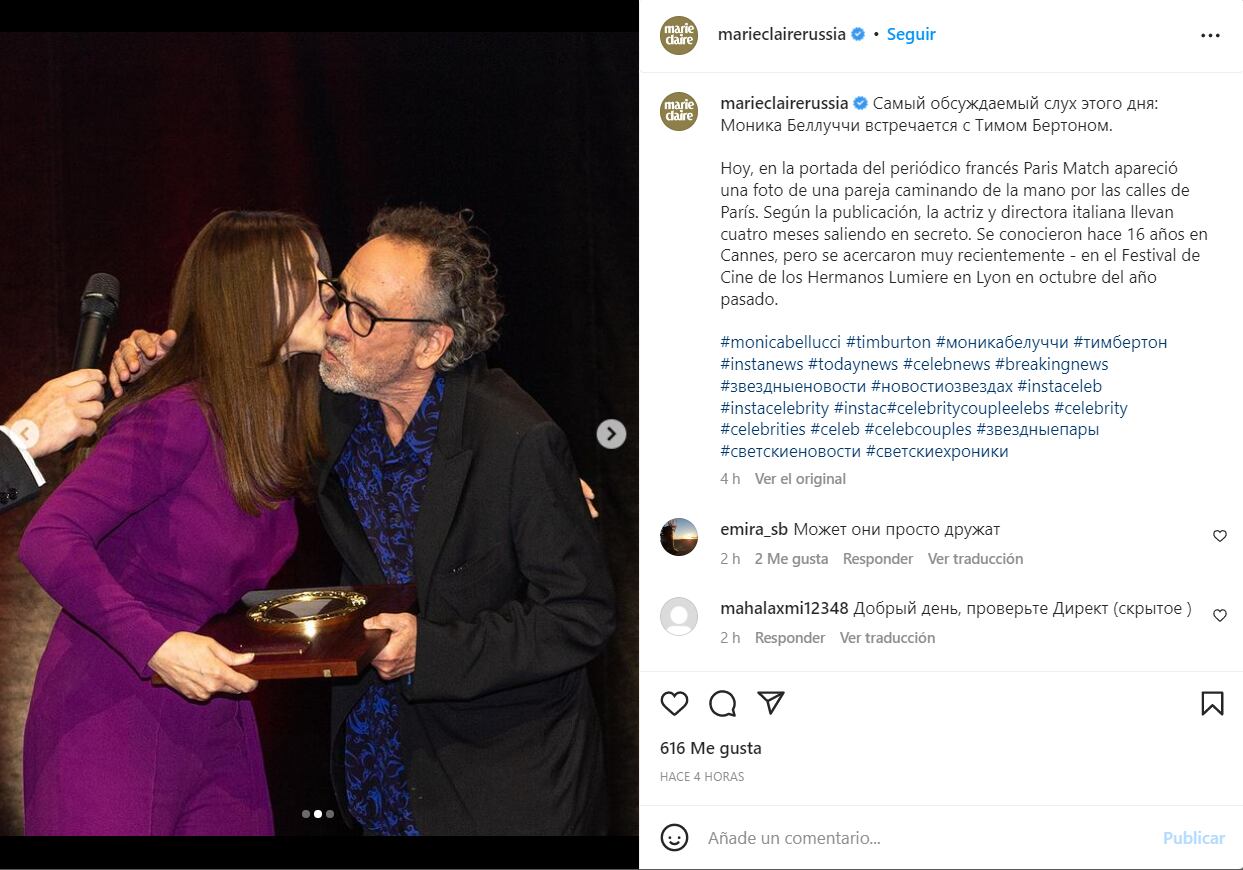 Tim Burton y Monica Bellucci, la nueva pareja del momento comparte su amor en París
