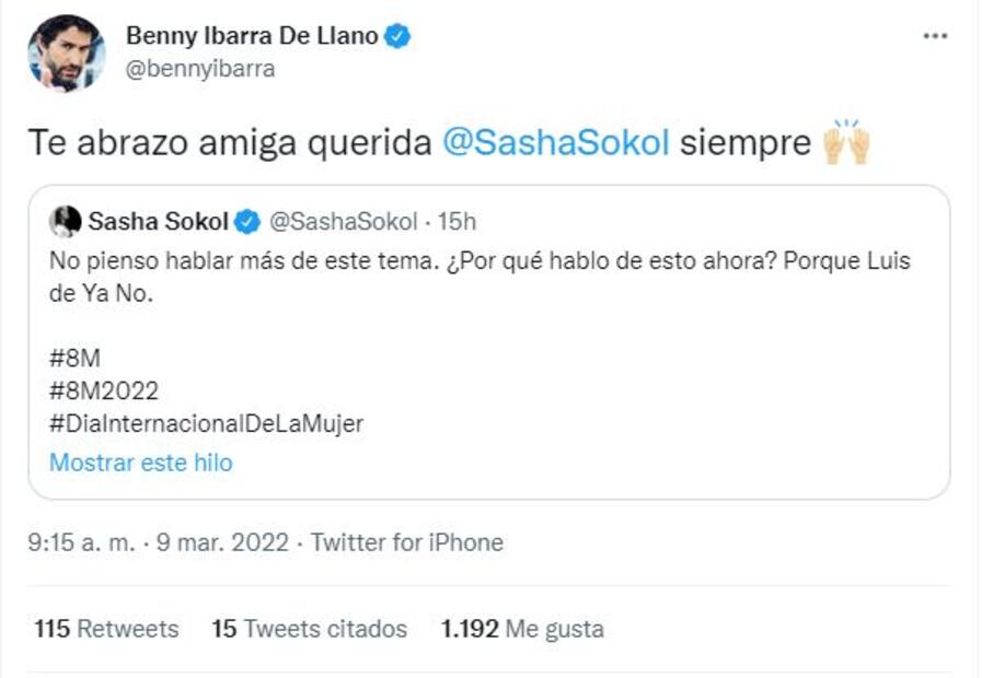 Benny Ibarra contesta a Sasha Sokol tras su denuncia contra Luis de Llano