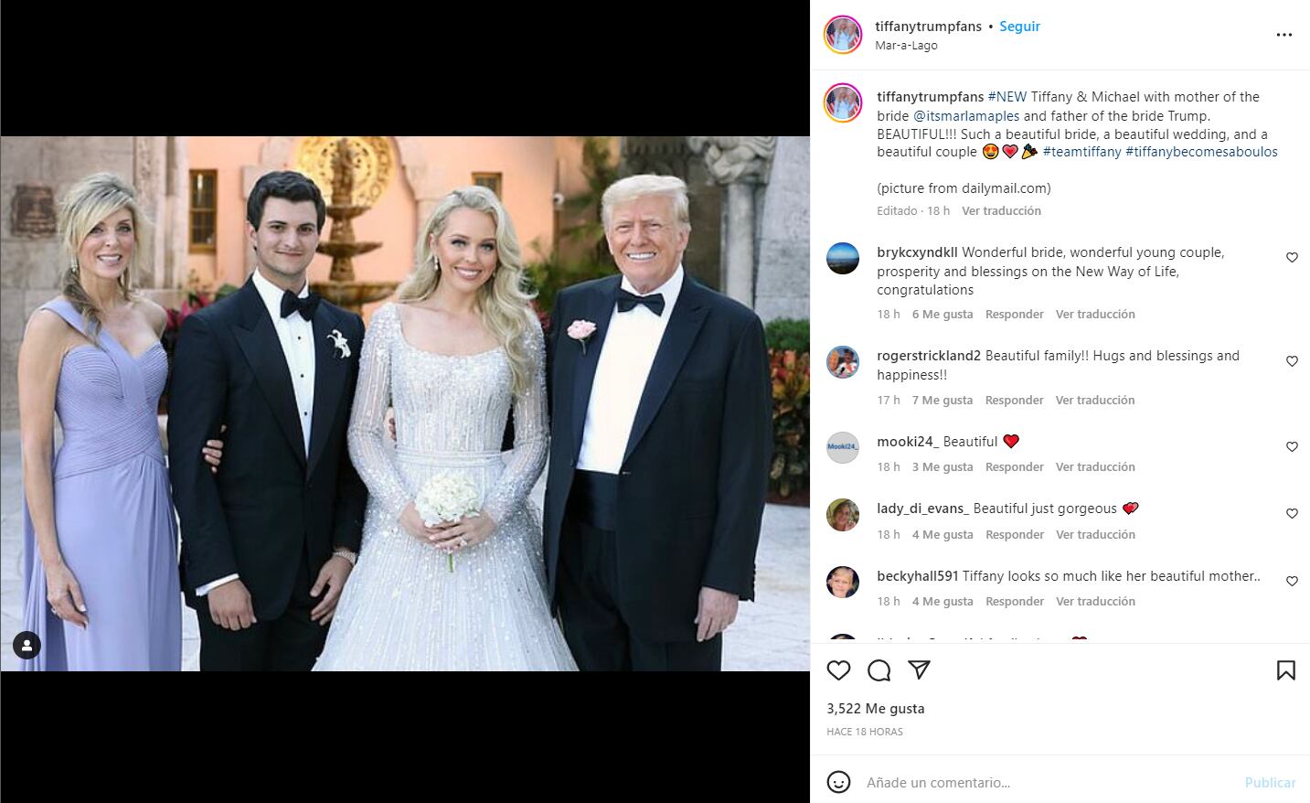 La ostentosa boda de Tiffany, hija de Donald Trump, y los looks de Ivanka y Melania