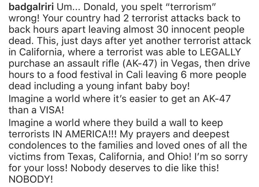 "¡Imagina un mundo donde es más fácil conseguir una AK-47 que una visa!", Rihanna a Donald Trump