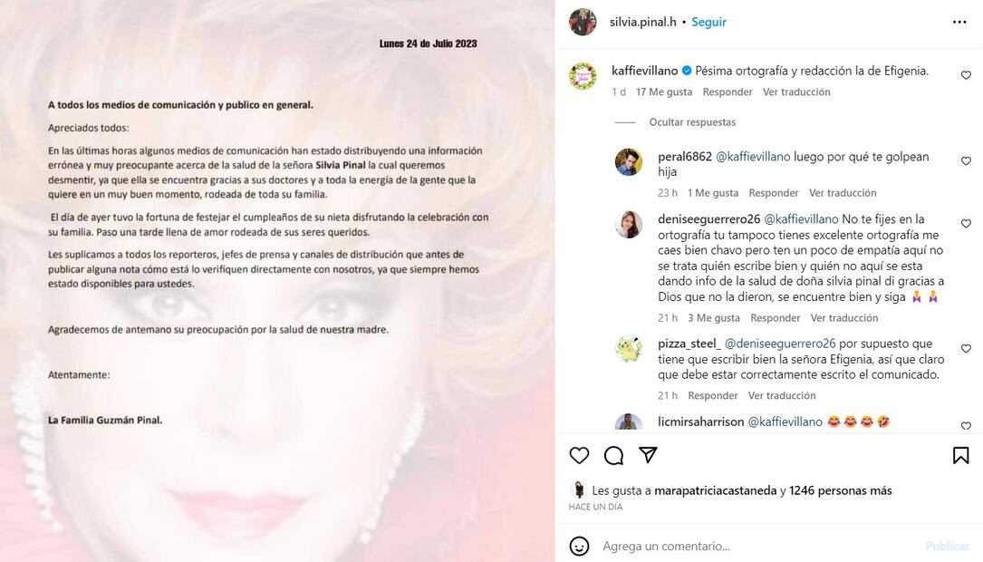 Comunicado de la familia Pinal / Instagram
