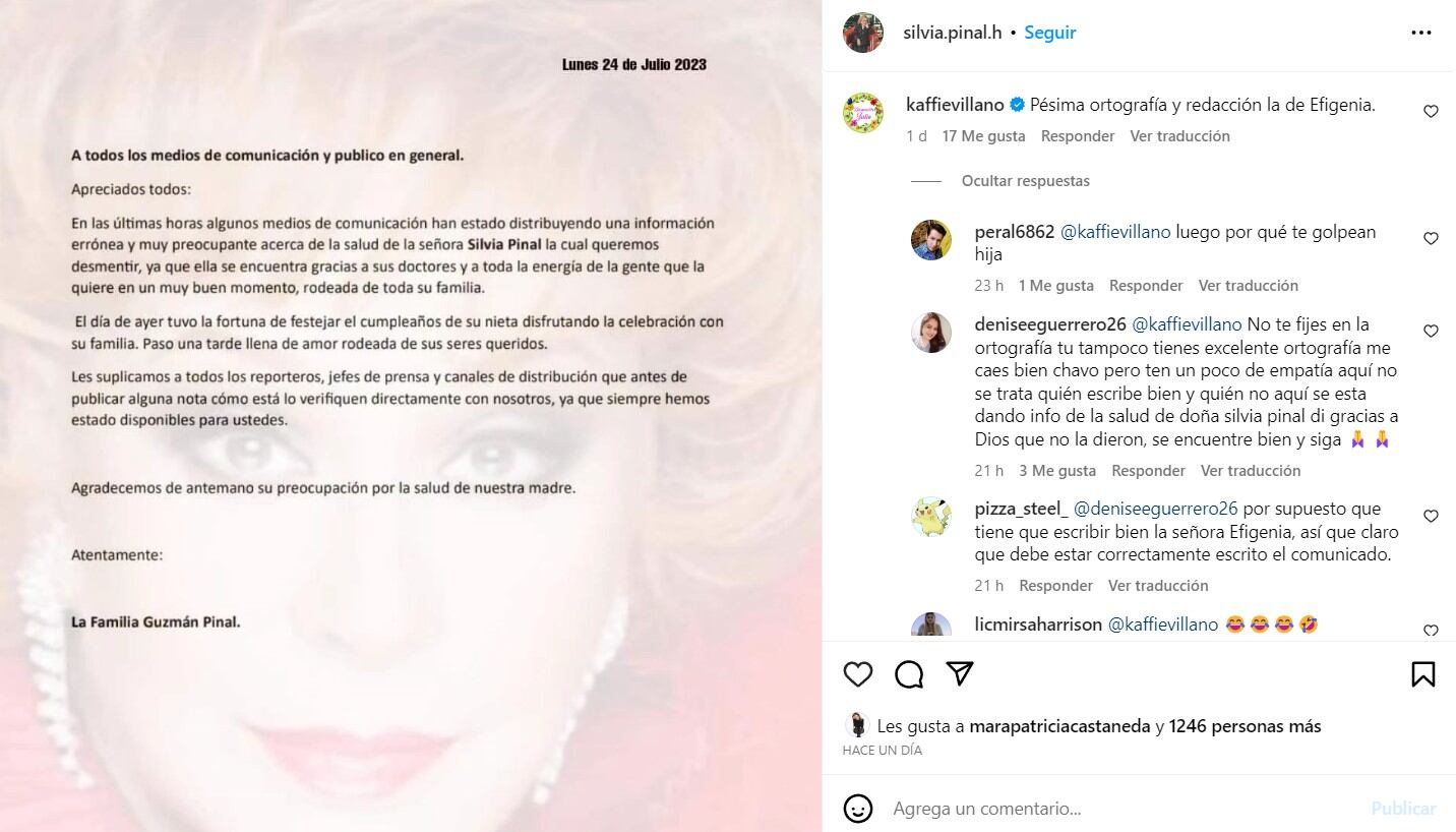 Comunicado de la familia Pinal / Instagram