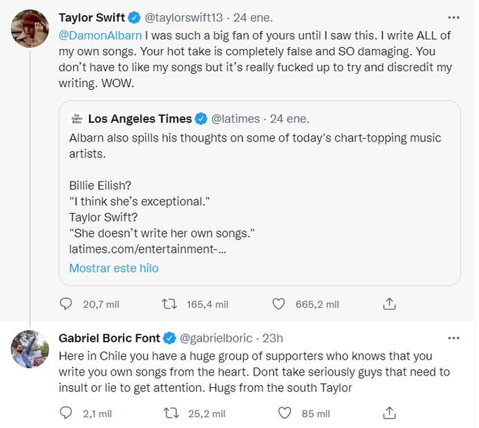 Taylor Swift responde a ataques de Damon Albarn y el presidente de Chile la defiende
