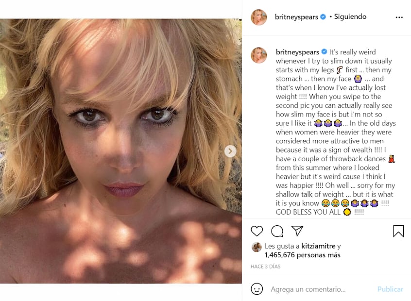 Britney Spears reflexiona sobre su peso corporal y la felicidad