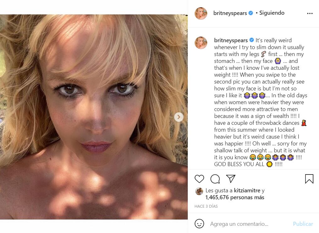 Britney Spears reflexiona sobre su peso corporal y la felicidad
