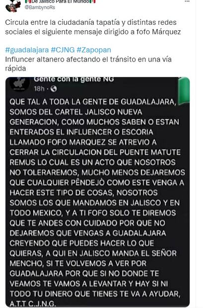 Fofo Márquez recibe supuesto mensaje del Cartel Jalisco Nueva Generación