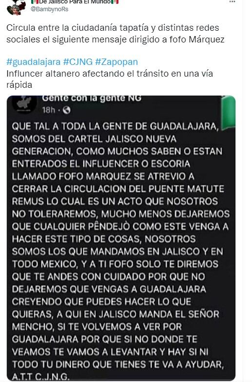 Fofo Márquez recibe supuesto mensaje del Cartel Jalisco Nueva Generación